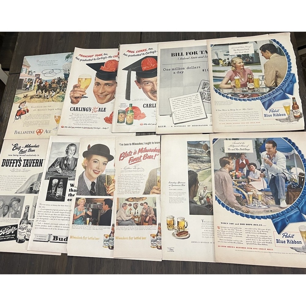 Vintage Beer Print Ads Lot of 11 Budweiser Pabst Blue Ribbon Carlings Blatz
